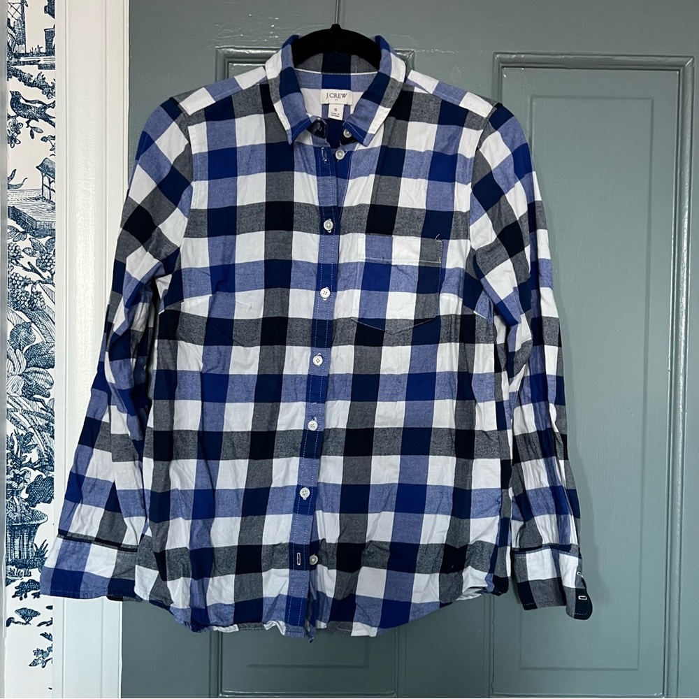 J. Crew Blue and White Gingham Buffalo Check Flannel Small